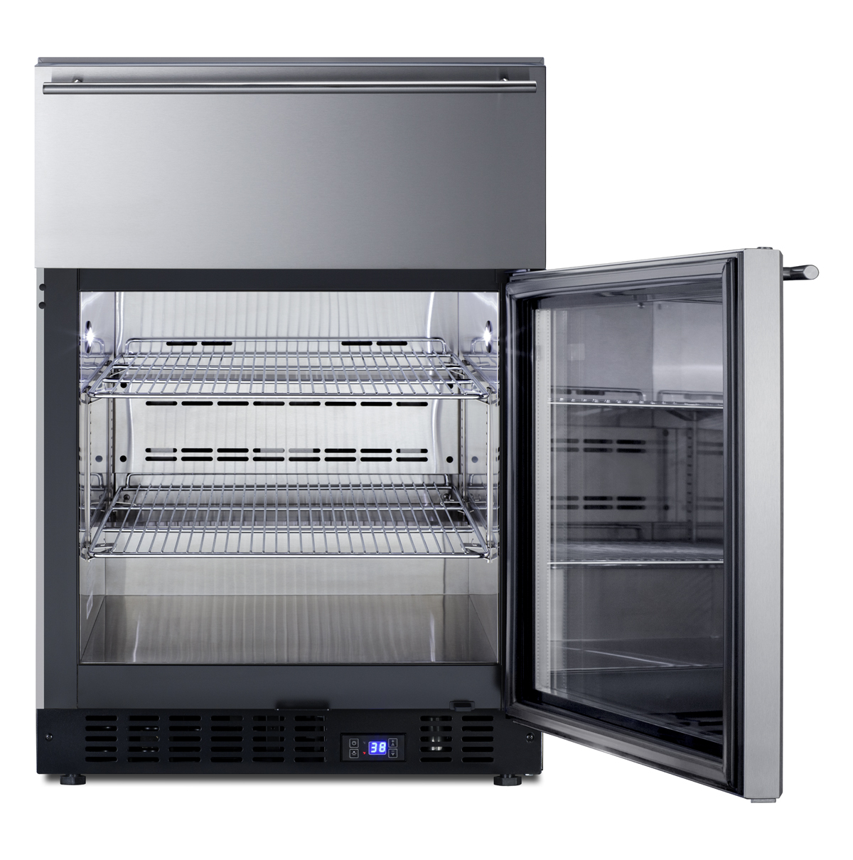 Commercially approved 4.76 cu.ft. undercounter beverage center with SS cabinet, glass door, and upper refrigerated drawer compartment